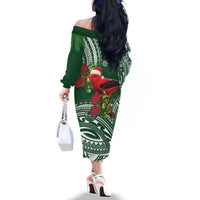 Christmas Hawaii with I'iwi Bird Family Matching Off The Shoulder Long Sleeve Dress and Hawaiian Shirt Aloha Mele Kalikimaka - Green Art