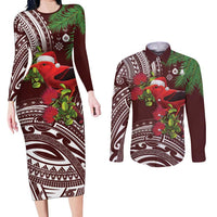 Christmas Hawaii with I'iwi Bird Couples Matching Long Sleeve Bodycon Dress and Long Sleeve Button Shirt Aloha Mele Kalikimaka - Oxblood Art