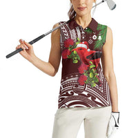 Christmas Hawaii with I'iwi Bird Women Sleeveless Polo Shirt Aloha Mele Kalikimaka - Oxblood Art