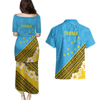 Tuvalu Plumeria Flowers Couples Matching Puletasi and Hawaiian Shirt Polynesian Tribal Pattern