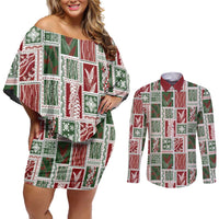 Mele Kalikimaka Hawaiian Quilt and Lei Patchwork Couples Matching Off Shoulder Short Dress and Long Sleeve Button Shirt - Polynesian Pride