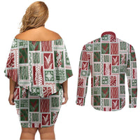 Mele Kalikimaka Hawaiian Quilt and Lei Patchwork Couples Matching Off Shoulder Short Dress and Long Sleeve Button Shirt - Polynesian Pride