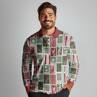 Mele Kalikimaka Hawaiian Quilt and Lei Patchwork Long Sleeve Polo Shirt - Polynesian Pride