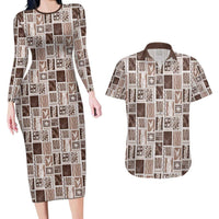 Vintage Aloha Block Quilt Couples Matching Long Sleeve Bodycon Dress and Hawaiian Shirt Beige Inspired Lei Motifs - Polynesian Pride