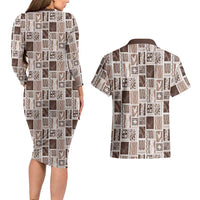 Vintage Aloha Block Quilt Couples Matching Long Sleeve Bodycon Dress and Hawaiian Shirt Beige Inspired Lei Motifs - Polynesian Pride