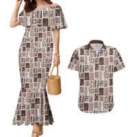 Vintage Aloha Block Quilt Couples Matching Mermaid Dress and Hawaiian Shirt Beige Inspired Lei Motifs - Polynesian Pride