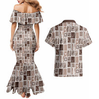 Vintage Aloha Block Quilt Couples Matching Mermaid Dress and Hawaiian Shirt Beige Inspired Lei Motifs - Polynesian Pride