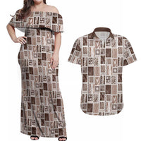 Vintage Aloha Block Quilt Couples Matching Off Shoulder Maxi Dress and Hawaiian Shirt Beige Inspired Lei Motifs - Polynesian Pride