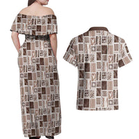 Vintage Aloha Block Quilt Couples Matching Off Shoulder Maxi Dress and Hawaiian Shirt Beige Inspired Lei Motifs - Polynesian Pride