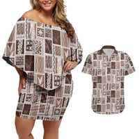 Vintage Aloha Block Quilt Couples Matching Off Shoulder Short Dress and Hawaiian Shirt Beige Inspired Lei Motifs LT9 Beige - Polynesian Pride