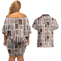 Vintage Aloha Block Quilt Couples Matching Off Shoulder Short Dress and Hawaiian Shirt Beige Inspired Lei Motifs - Polynesian Pride