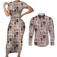Vintage Aloha Block Quilt Couples Matching Short Sleeve Bodycon Dress and Long Sleeve Button Shirt Beige Inspired Lei Motifs LT9 Beige - Polynesian Pride