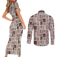 Vintage Aloha Block Quilt Couples Matching Short Sleeve Bodycon Dress and Long Sleeve Button Shirt Beige Inspired Lei Motifs LT9 - Polynesian Pride