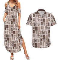 Vintage Aloha Block Quilt Couples Matching Summer Maxi Dress and Hawaiian Shirt Beige Inspired Lei Motifs - Polynesian Pride