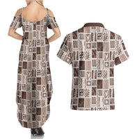 Vintage Aloha Block Quilt Couples Matching Summer Maxi Dress and Hawaiian Shirt Beige Inspired Lei Motifs - Polynesian Pride