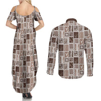 Vintage Aloha Block Quilt Couples Matching Summer Maxi Dress and Long Sleeve Button Shirt Beige Inspired Lei Motifs - Polynesian Pride