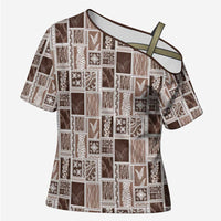 Vintage Aloha Block Quilt Cross Shoulder Shirt Beige Inspired Lei Motifs - Polynesian Pride