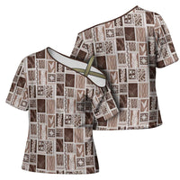 Vintage Aloha Block Quilt Cross Shoulder Shirt Beige Inspired Lei Motifs LT9 - Polynesian Pride