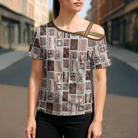 Vintage Aloha Block Quilt Cross Shoulder Shirt Beige Inspired Lei Motifs LT9 - Polynesian Pride