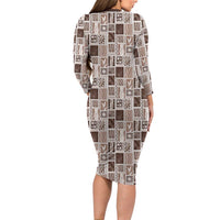 Vintage Aloha Block Quilt Family Matching Long Sleeve Bodycon Dress and Hawaiian Shirt Beige Inspired Lei Motifs - Polynesian Pride