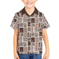 Vintage Aloha Block Quilt Family Matching Long Sleeve Bodycon Dress and Hawaiian Shirt Beige Inspired Lei Motifs - Polynesian Pride