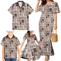 Vintage Aloha Block Quilt Family Matching Mermaid Dress and Hawaiian Shirt Beige Inspired Lei Motifs - Polynesian Pride