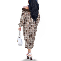 Vintage Aloha Block Quilt Family Matching Off The Shoulder Long Sleeve Dress and Hawaiian Shirt Beige Inspired Lei Motifs - Polynesian Pride