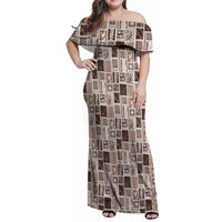 Vintage Aloha Block Quilt Family Matching Off Shoulder Maxi Dress and Hawaiian Shirt Beige Inspired Lei Motifs - Polynesian Pride