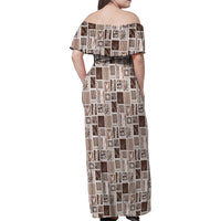 Vintage Aloha Block Quilt Family Matching Off Shoulder Maxi Dress and Hawaiian Shirt Beige Inspired Lei Motifs - Polynesian Pride