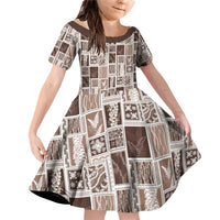 Vintage Aloha Block Quilt Family Matching Off Shoulder Short Dress and Hawaiian Shirt Beige Inspired Lei Motifs - Polynesian Pride