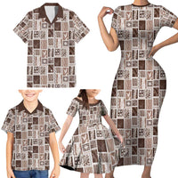 Vintage Aloha Block Quilt Family Matching Short Sleeve Bodycon Dress and Hawaiian Shirt Beige Inspired Lei Motifs - Polynesian Pride
