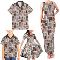Vintage Aloha Block Quilt Family Matching Tank Maxi Dress and Hawaiian Shirt Beige Inspired Lei Motifs - Polynesian Pride