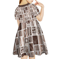 Vintage Aloha Block Quilt Kid Short Sleeve Dress Beige Inspired Lei Motifs LT9 - Polynesian Pride