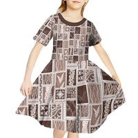 Vintage Aloha Block Quilt Kid Short Sleeve Dress Beige Inspired Lei Motifs LT9 - Polynesian Pride