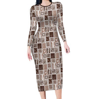 Vintage Aloha Block Quilt Long Sleeve Bodycon Dress Beige Inspired Lei Motifs - Polynesian Pride