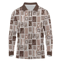 Vintage Aloha Block Quilt Long Sleeve Polo Shirt Beige Inspired Lei Motifs - Polynesian Pride