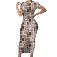 Vintage Aloha Block Quilt Short Sleeve Bodycon Dress Beige Inspired Lei Motifs - Polynesian Pride