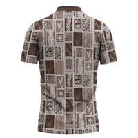 Vintage Aloha Block Quilt Zipper Polo Shirt Beige Inspired Lei Motifs LT9 - Polynesian Pride