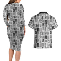 Vintage Aloha Block Quilt Couples Matching Long Sleeve Bodycon Dress and Hawaiian Shirt Black Inspired Lei Motifs - Polynesian Pride