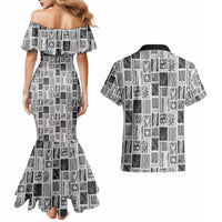 Vintage Aloha Block Quilt Couples Matching Mermaid Dress and Hawaiian Shirt Black Inspired Lei Motifs - Polynesian Pride