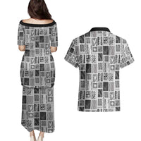 Vintage Aloha Block Quilt Couples Matching Puletasi and Hawaiian Shirt Black Inspired Lei Motifs LT9 - Polynesian Pride