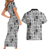 Vintage Aloha Block Quilt Couples Matching Short Sleeve Bodycon Dress and Hawaiian Shirt Black Inspired Lei Motifs - Polynesian Pride