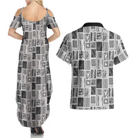 Vintage Aloha Block Quilt Couples Matching Summer Maxi Dress and Hawaiian Shirt Black Inspired Lei Motifs - Polynesian Pride