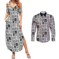 Vintage Aloha Block Quilt Couples Matching Summer Maxi Dress and Long Sleeve Button Shirt Black Inspired Lei Motifs LT9 Black - Polynesian Pride