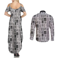 Vintage Aloha Block Quilt Couples Matching Summer Maxi Dress and Long Sleeve Button Shirt Black Inspired Lei Motifs LT9 - Polynesian Pride
