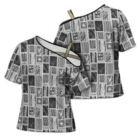 Vintage Aloha Block Quilt Cross Shoulder Shirt Black Inspired Lei Motifs - Polynesian Pride