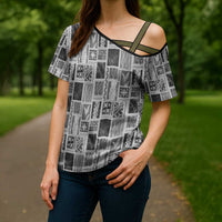 Vintage Aloha Block Quilt Cross Shoulder Shirt Black Inspired Lei Motifs - Polynesian Pride