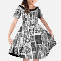 Vintage Aloha Block Quilt Family Matching Long Sleeve Bodycon Dress and Hawaiian Shirt Black Inspired Lei Motifs - Polynesian Pride