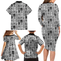 Vintage Aloha Block Quilt Family Matching Long Sleeve Bodycon Dress and Hawaiian Shirt Black Inspired Lei Motifs - Polynesian Pride