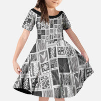 Vintage Aloha Block Quilt Family Matching Off The Shoulder Long Sleeve Dress and Hawaiian Shirt Black Inspired Lei Motifs - Polynesian Pride